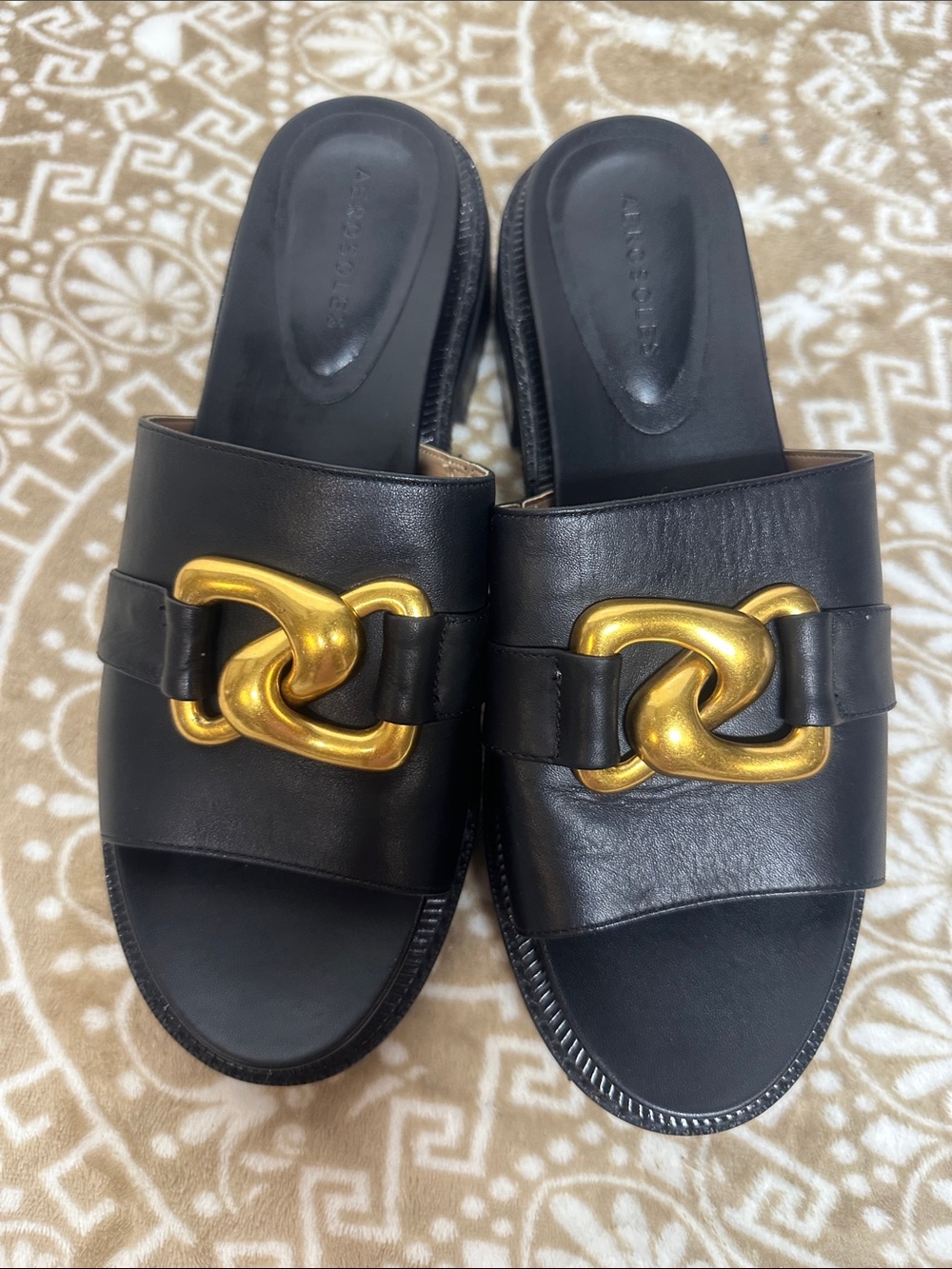 AEROSOLES Lima Black Leather Slide Mules with Gold Chain Accent
